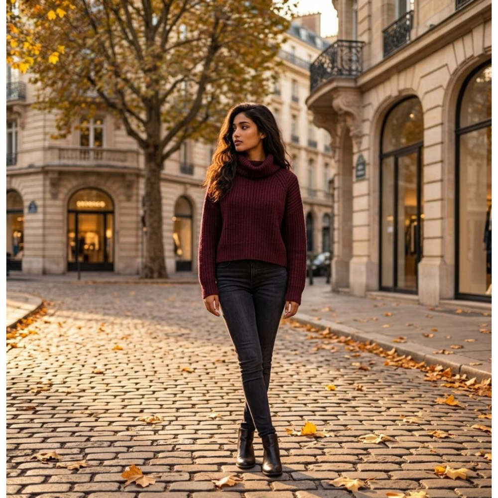 Women's Zara Knit Burgundy Ribbed Turtleneck Crop Sweater M Scandi Fisherman